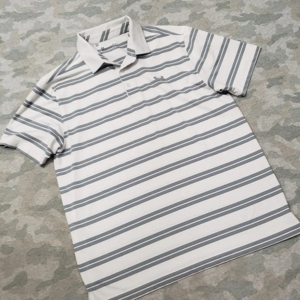 Under Armour Polo Shirt Mens Large Gray Heather‎ Loose Short Sleeve Striped